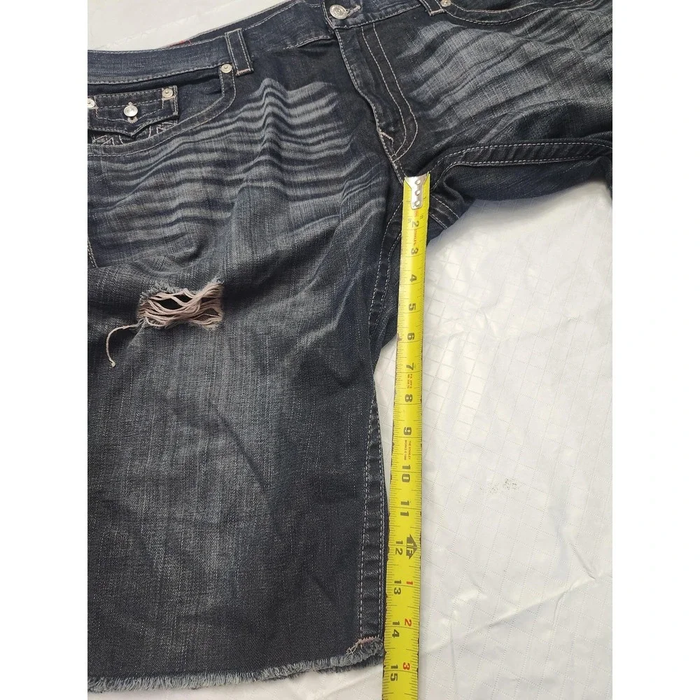 True Religion Denim Shorts Mens 44 Blue Cut Off Straight Flap Distressed Bermuda